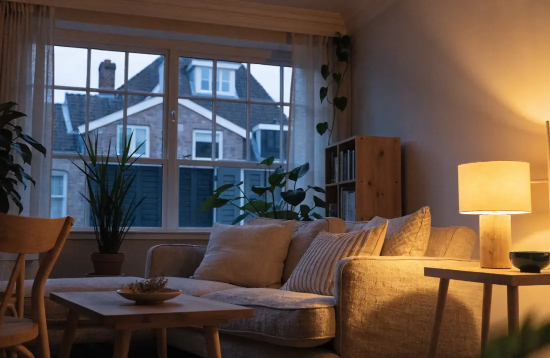 Warm en gezellig ingericht Nederlands interieur in de avond